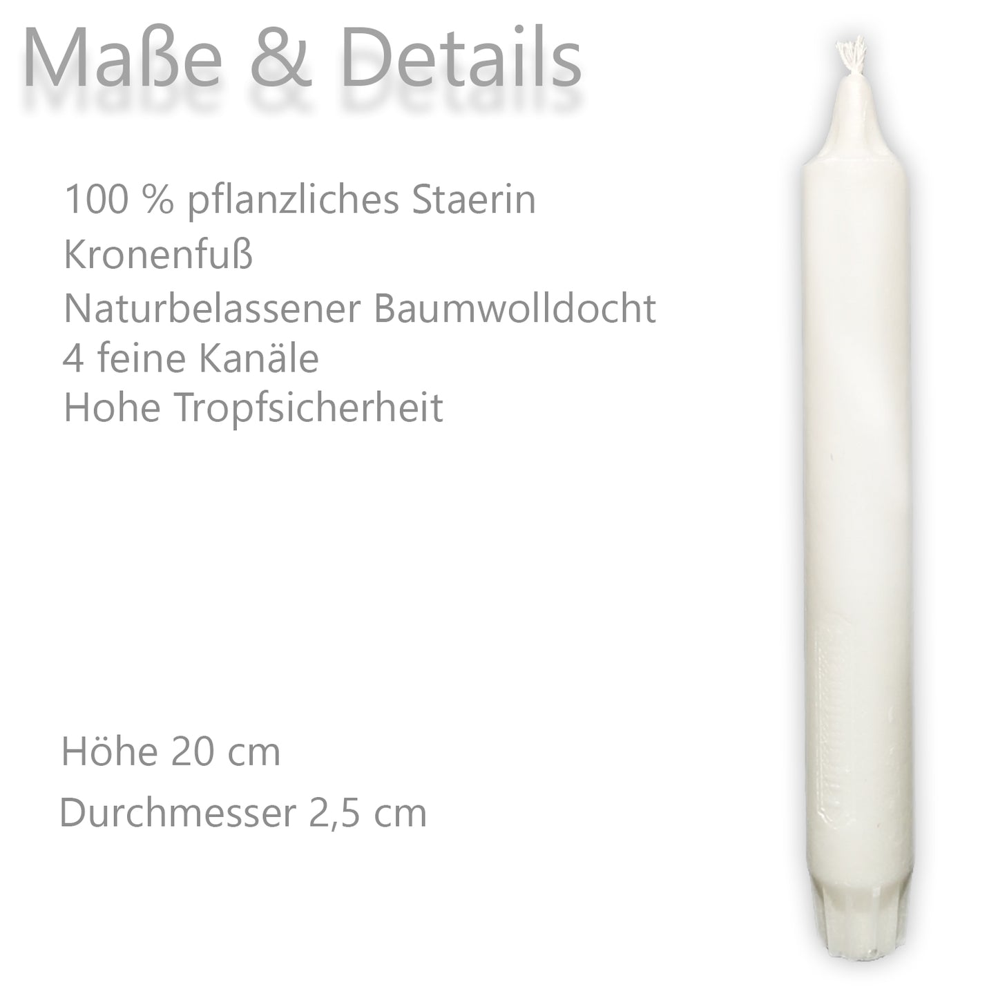 20er Pack ASP Kanalkerzen, 100% Stearin, Ø 2,5 x H 20 cm, weiß