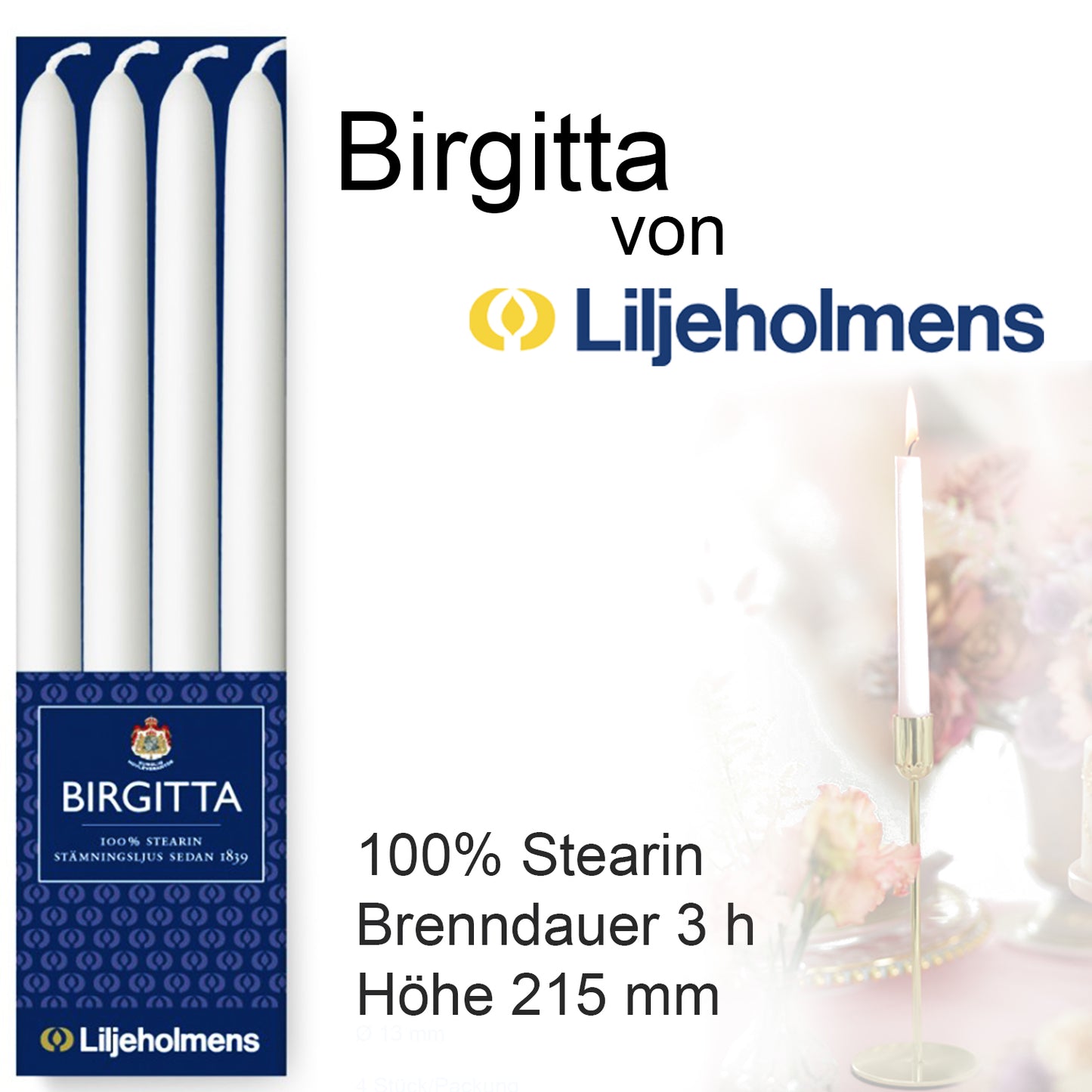 Liljeholmens Stearin Tafelkerzen "Birgitta" 4 Stk., 22 x 1,3 cm, weiss