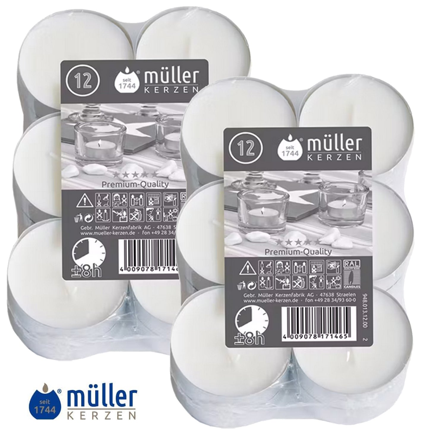 24 (2x12 Stk.) Müller Maxi-Teelichte, Ø 5,6 x H 2,7 cm, weiß, 8h Brenndauer