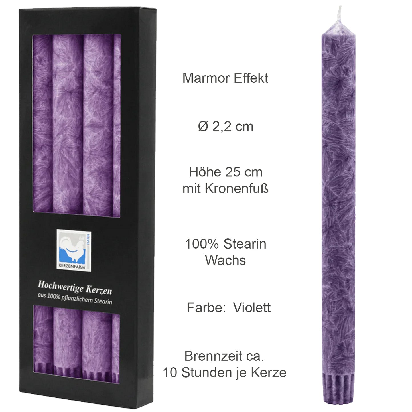 8er Farben Set (2x4) Hahn Stearin-Stabkerze, Ø 2,5 x 25 cm, grau & violett