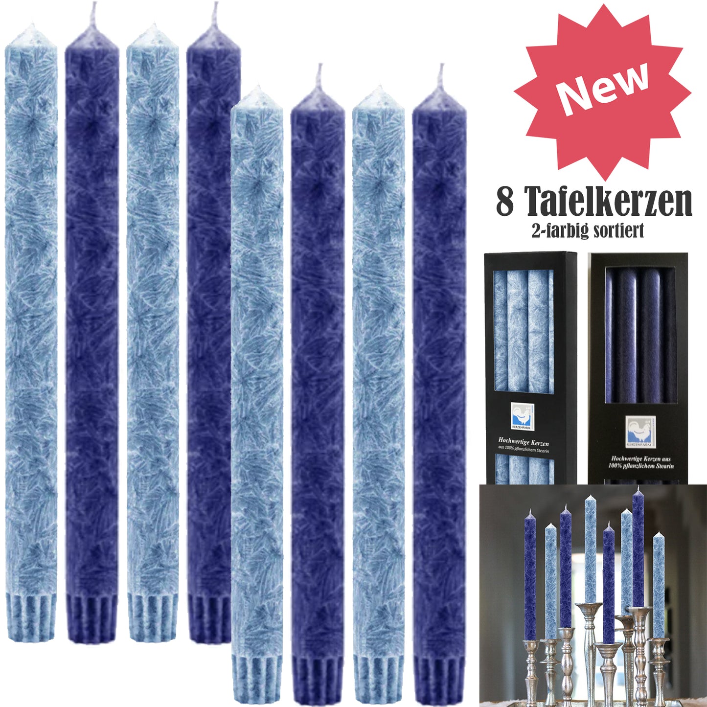 8er Farben Set (2x4) Hahn Stearin-Stabkerze, Ø 2,5 x 25 cm, hellblau & dunkelblau