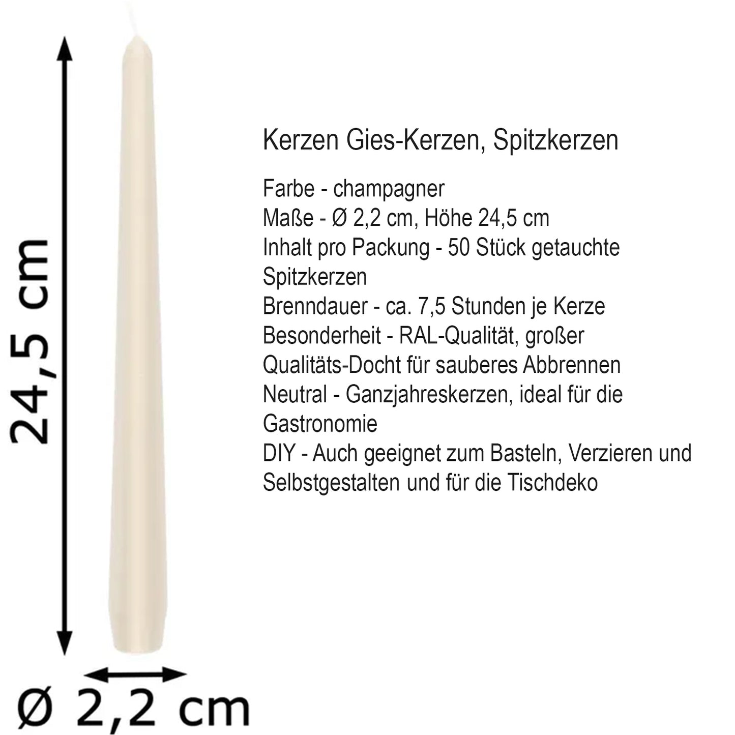100 Stk (2x50) Gies Spitzkerzen, Ø 2,35 x H 24,5 cm, champagner + Streichhölzer