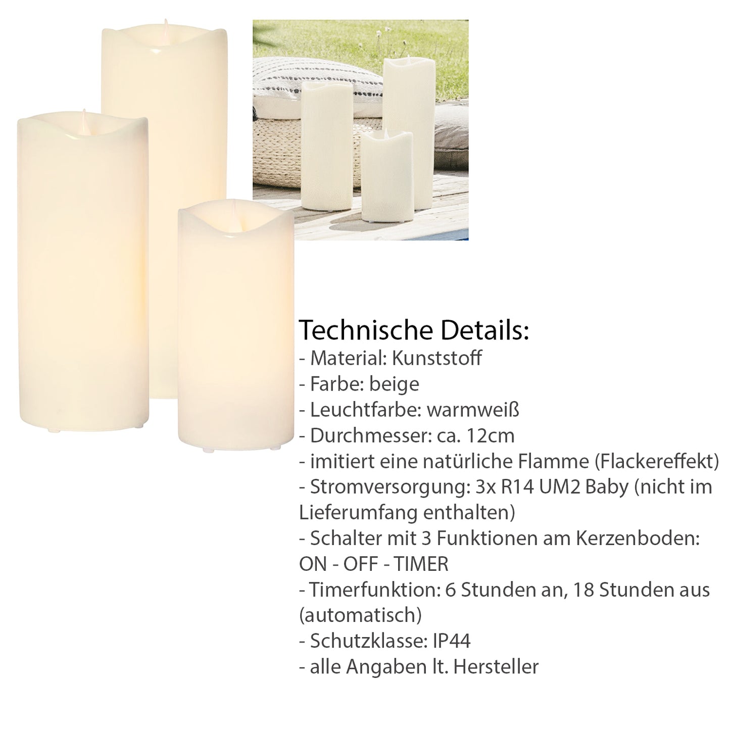 LED Kunststoff Kerze "Grande", L, Ø 12 cm x H 38 cm, beige, OUTDOOR