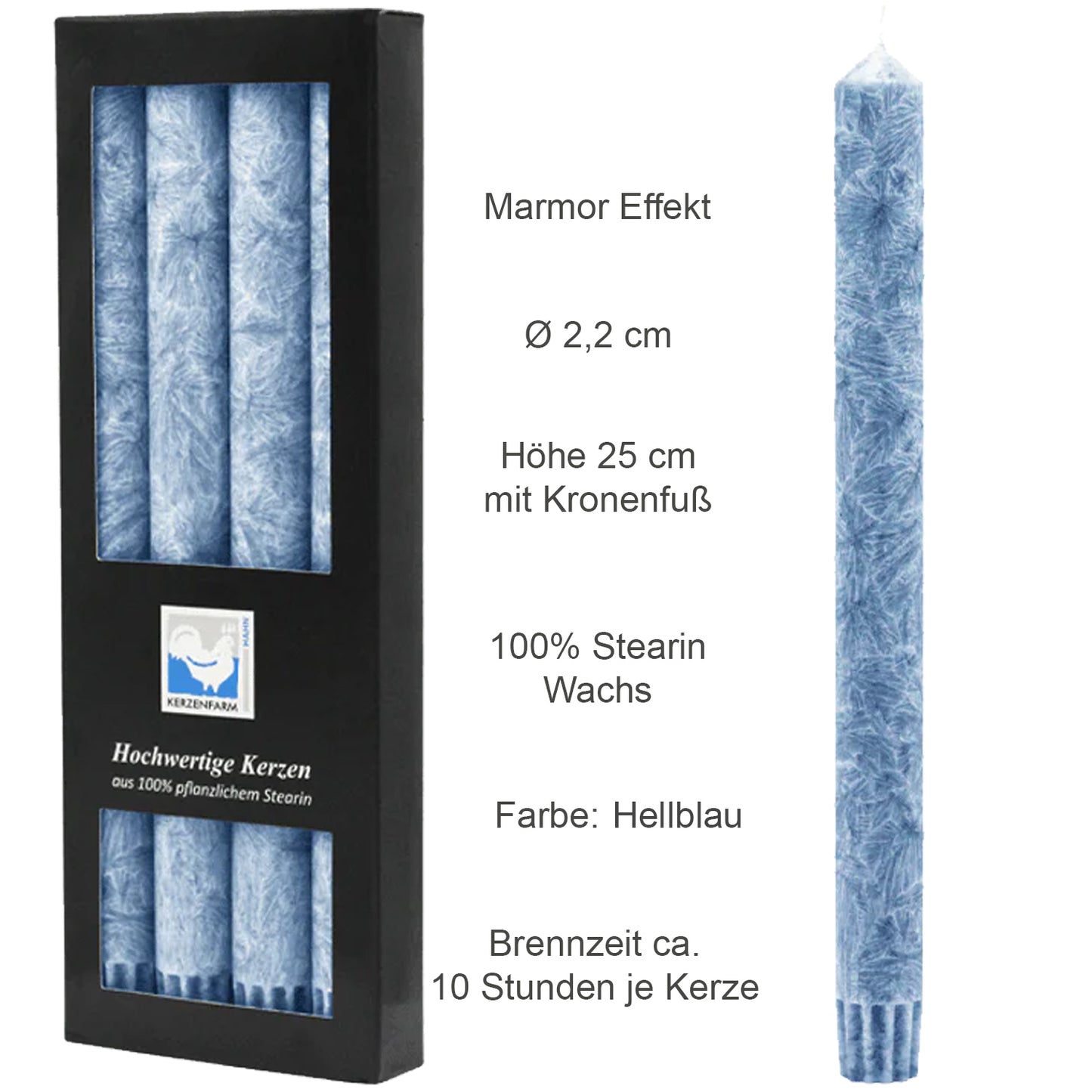 Hahn Stearin-Stabkerze, 12er Pack (3x4Stk), 22 x 250 mm, hellblau
