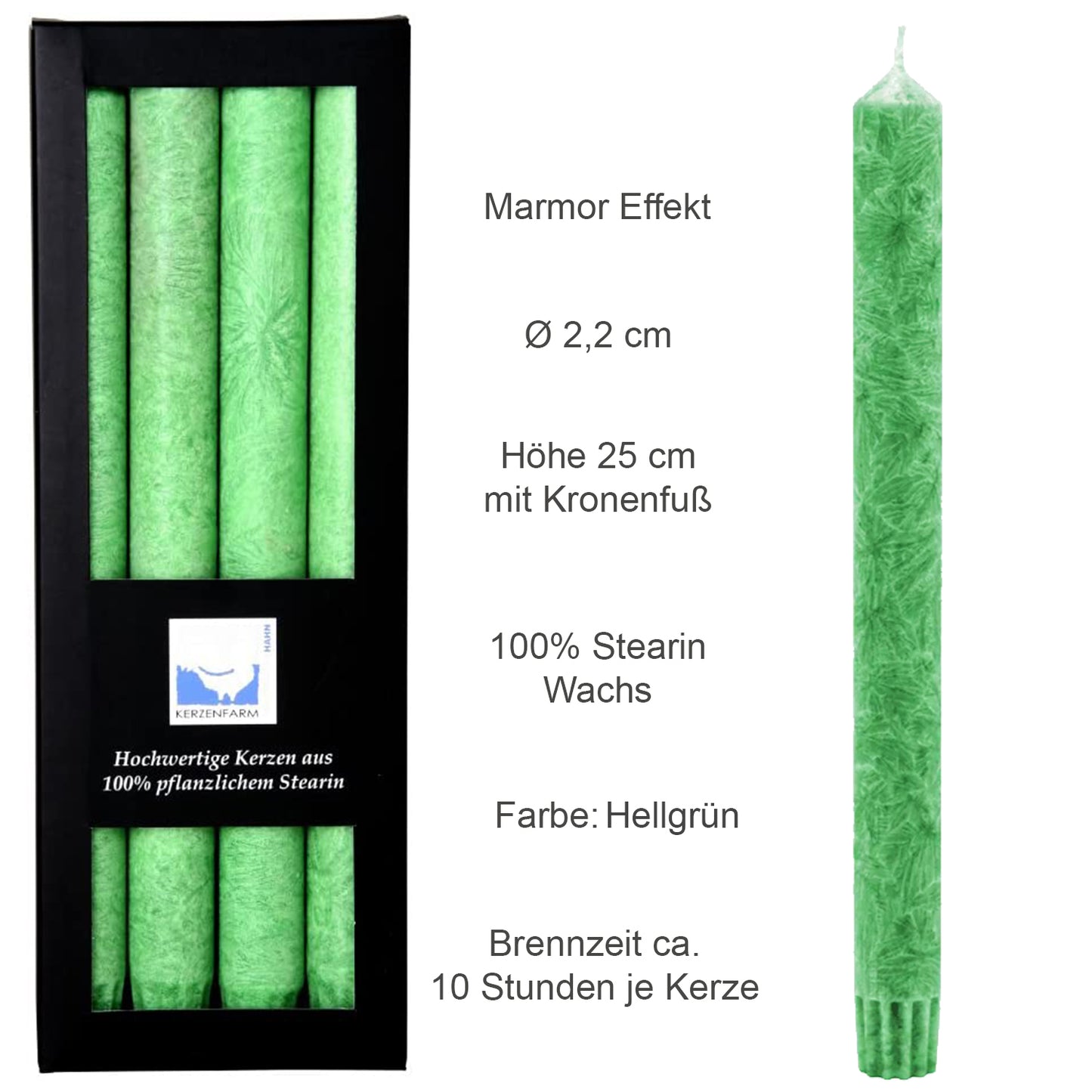4er Pack Hahn Stearin-Stabkerze, Ø 2,5 x 22 cm, hellgrün