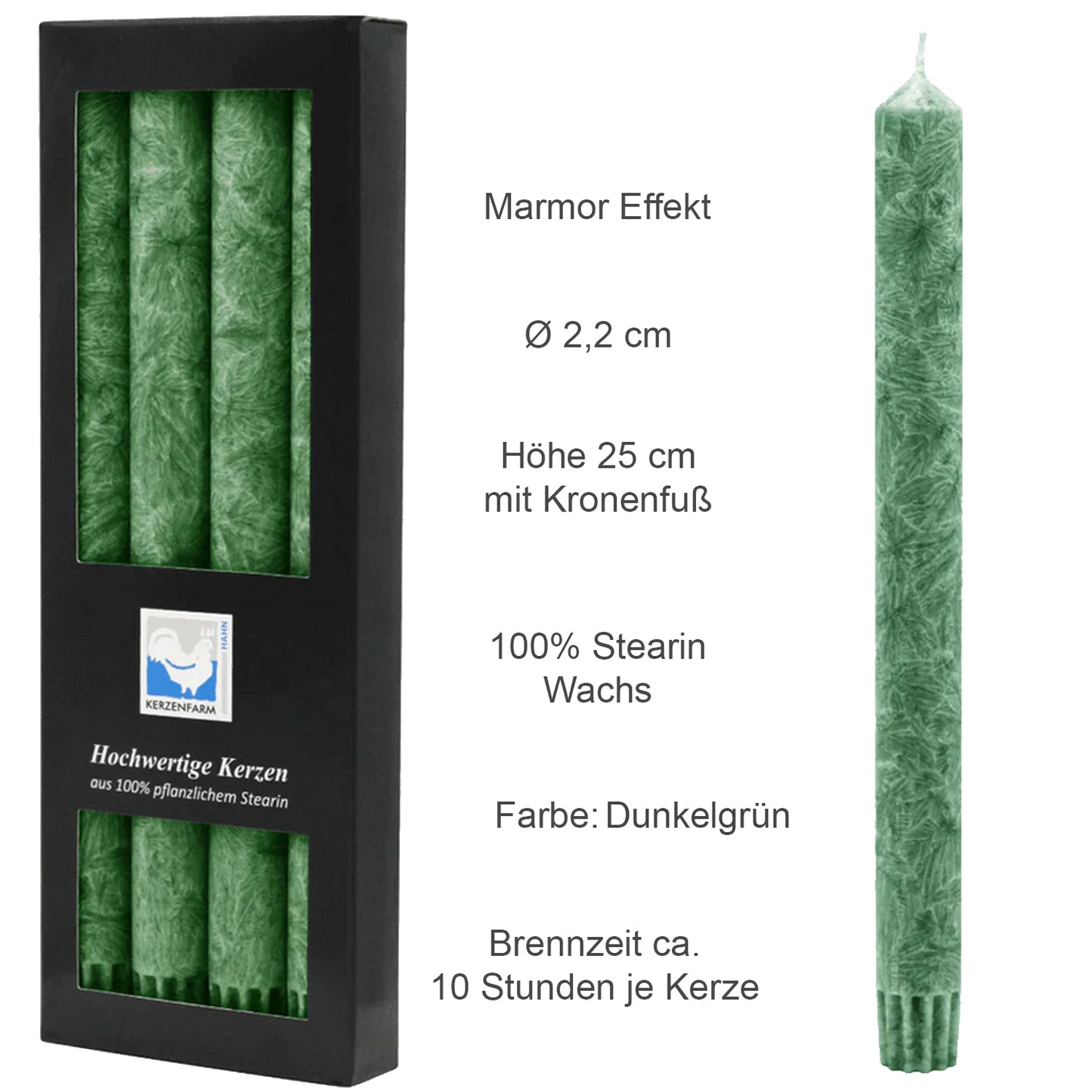 4er Pack Hahn Stearin-Stabkerze, Ø 2,5 x 22 cm, dunkelgrün