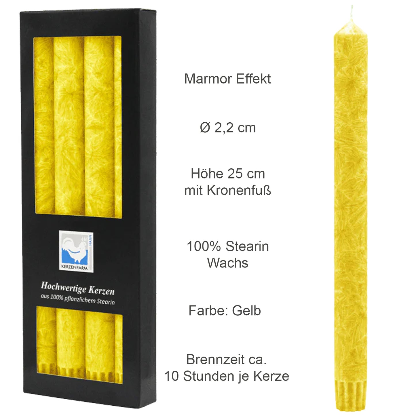 4er Pack Hahn Stearin-Stabkerze, Ø 2,5 x 22 cm, gelb