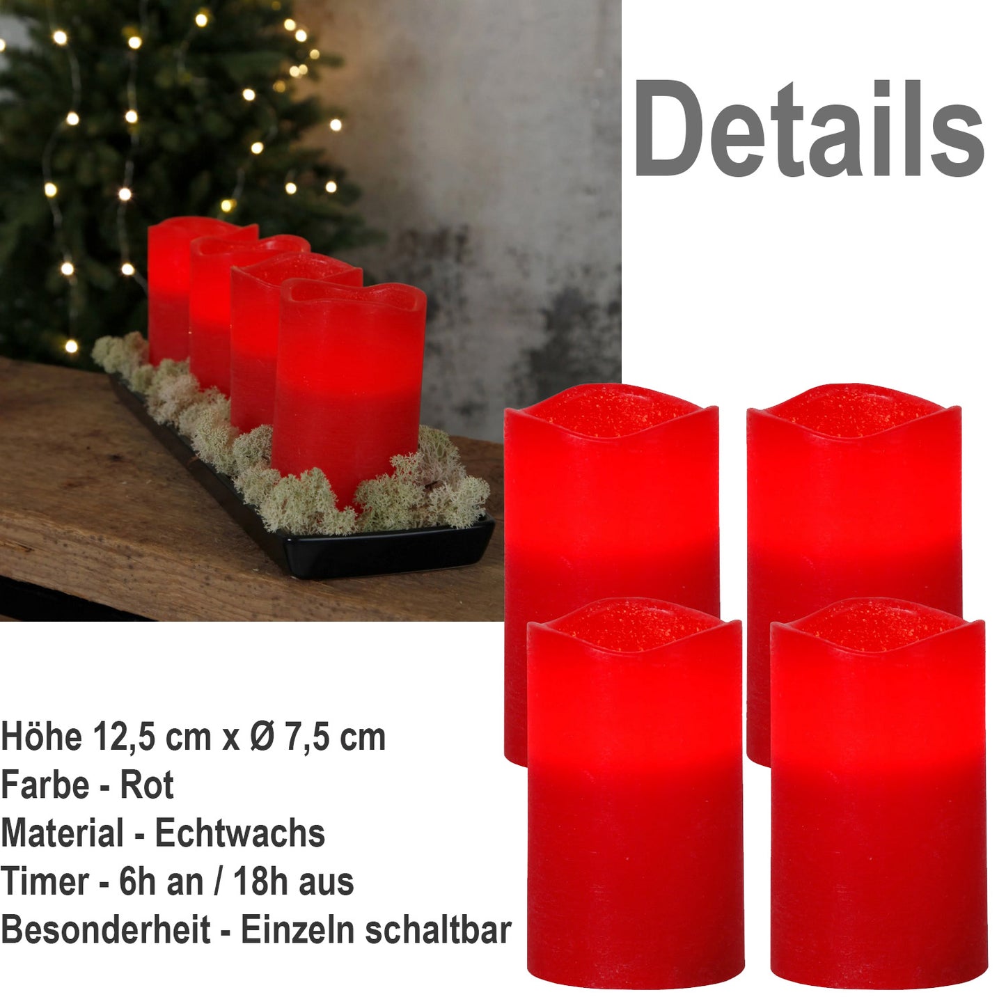 4er Set LED-Echtwachskerzen "May", Ø 7,5 x H 12,5 cm, rot