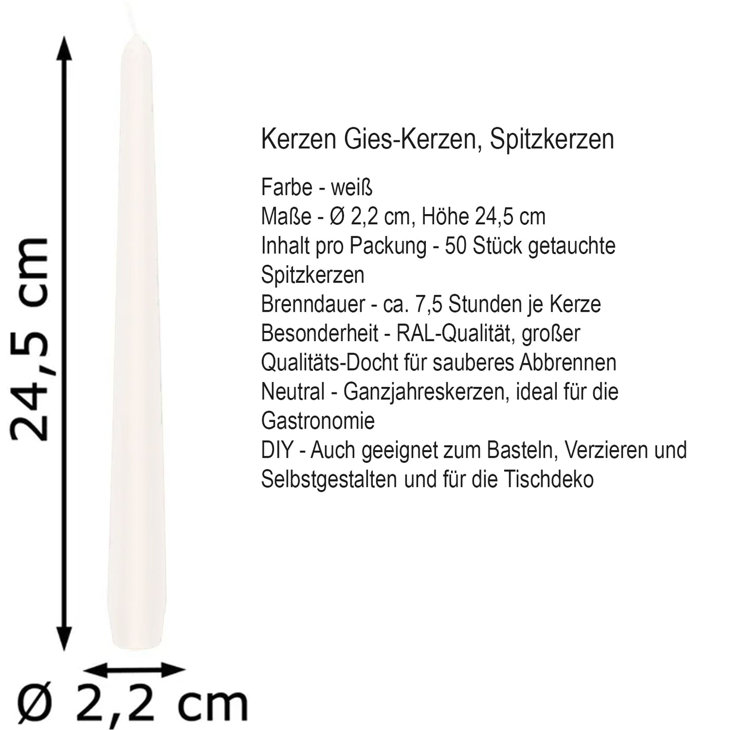 Gies Premium Spitzkerzen 100 Stk. (2x50), 24,5 x 2,35 cm,weiss + 1 Streichhölzer