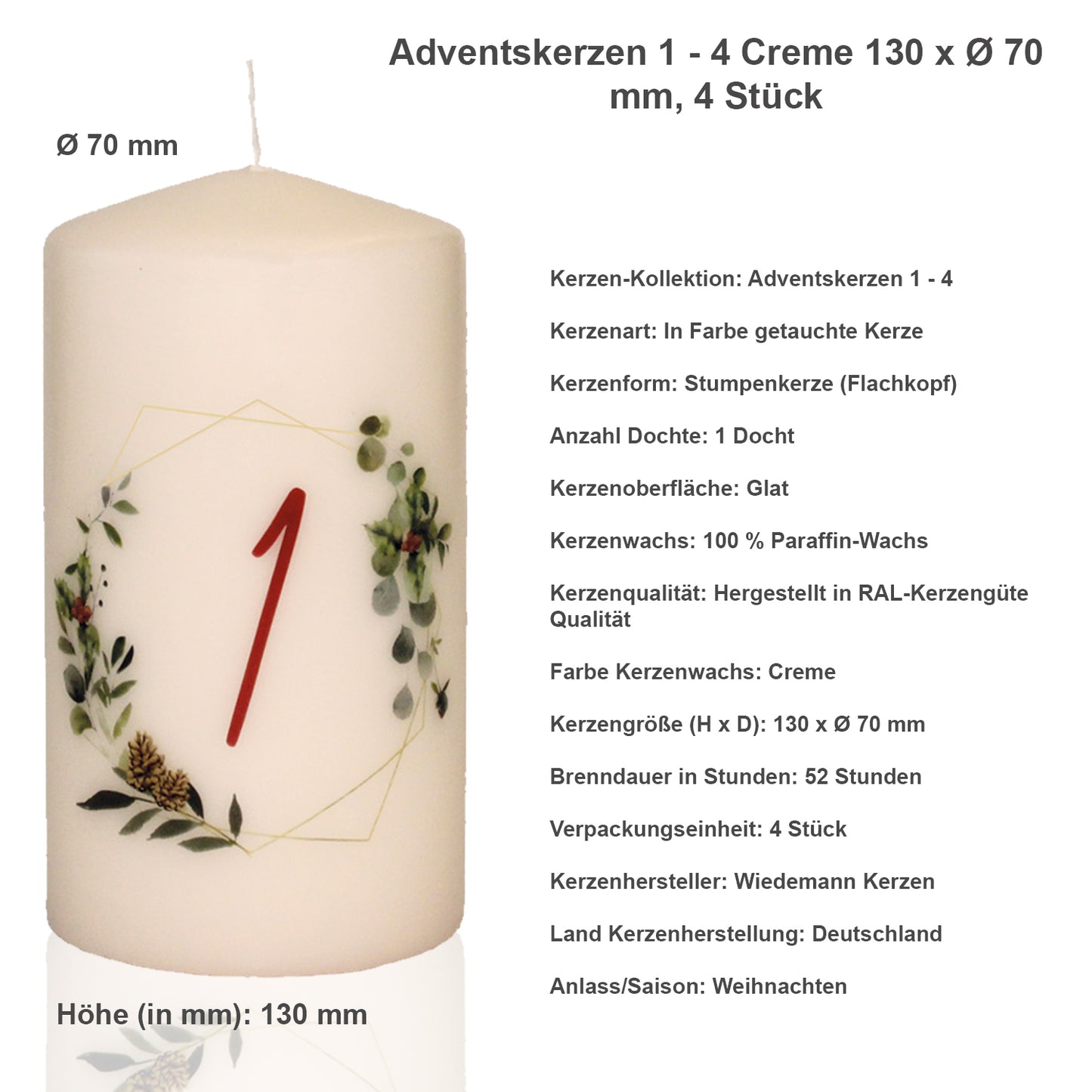 4er Set Wiedemann Flachkopfkerzen "Advent 1-4",  Ø 7 x H 13 cm, creme