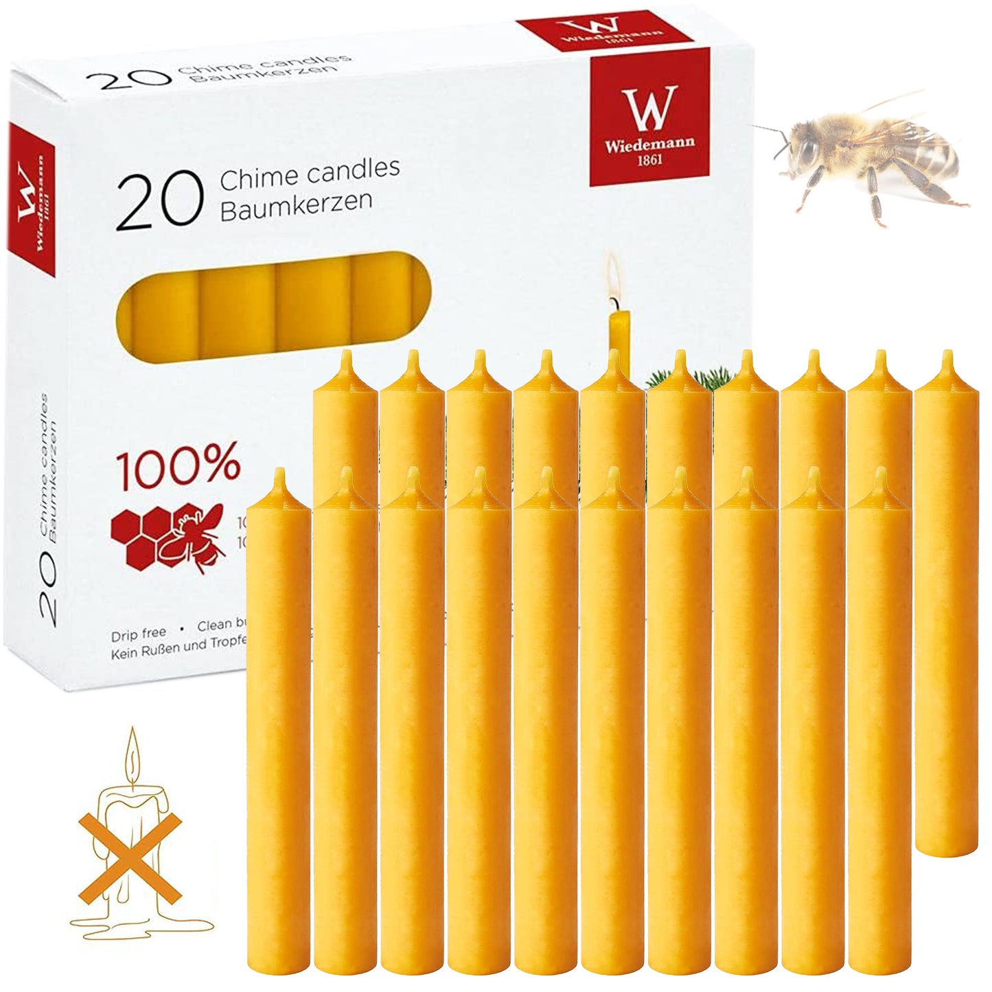 100er Set (5x20) Wiedemann Baumkerzen 100% Bienenwachs, (HxB) 10 x 1,3 cm, gelb