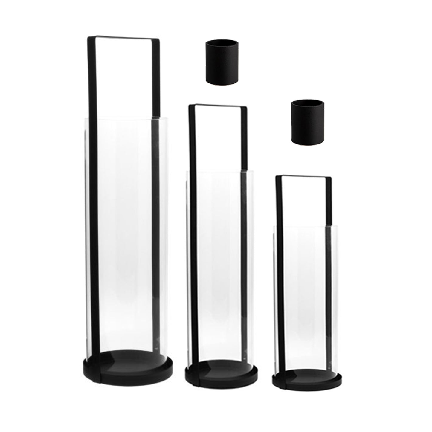 Laternen Set "Kvarnvik" Windlicht (S 26cm ,M 32 cm, L 50cm), schwarz, Metall + 2 Magnet Stabkerzenhalter