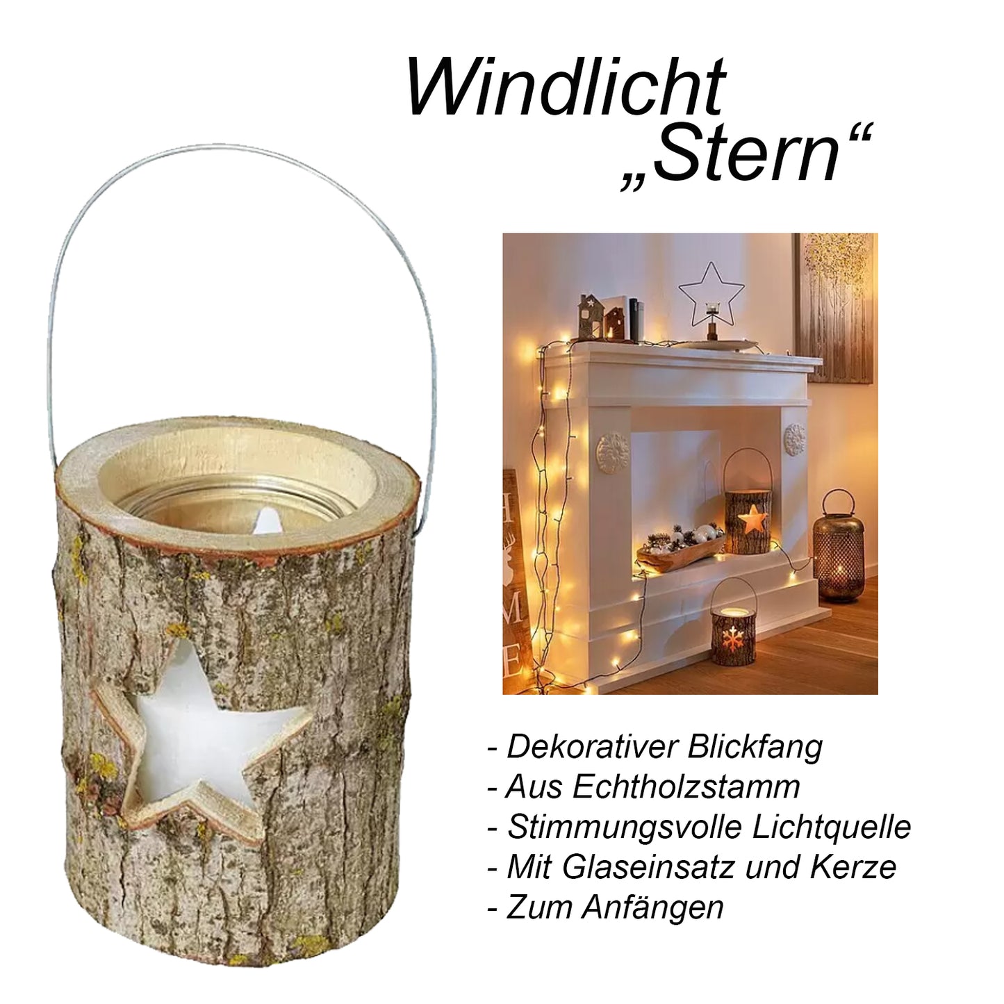 Windlicht / Laterne aus Holz, Motiv Stern, mit Kerzenglas und Kerze, BHT 16x18x16 cm