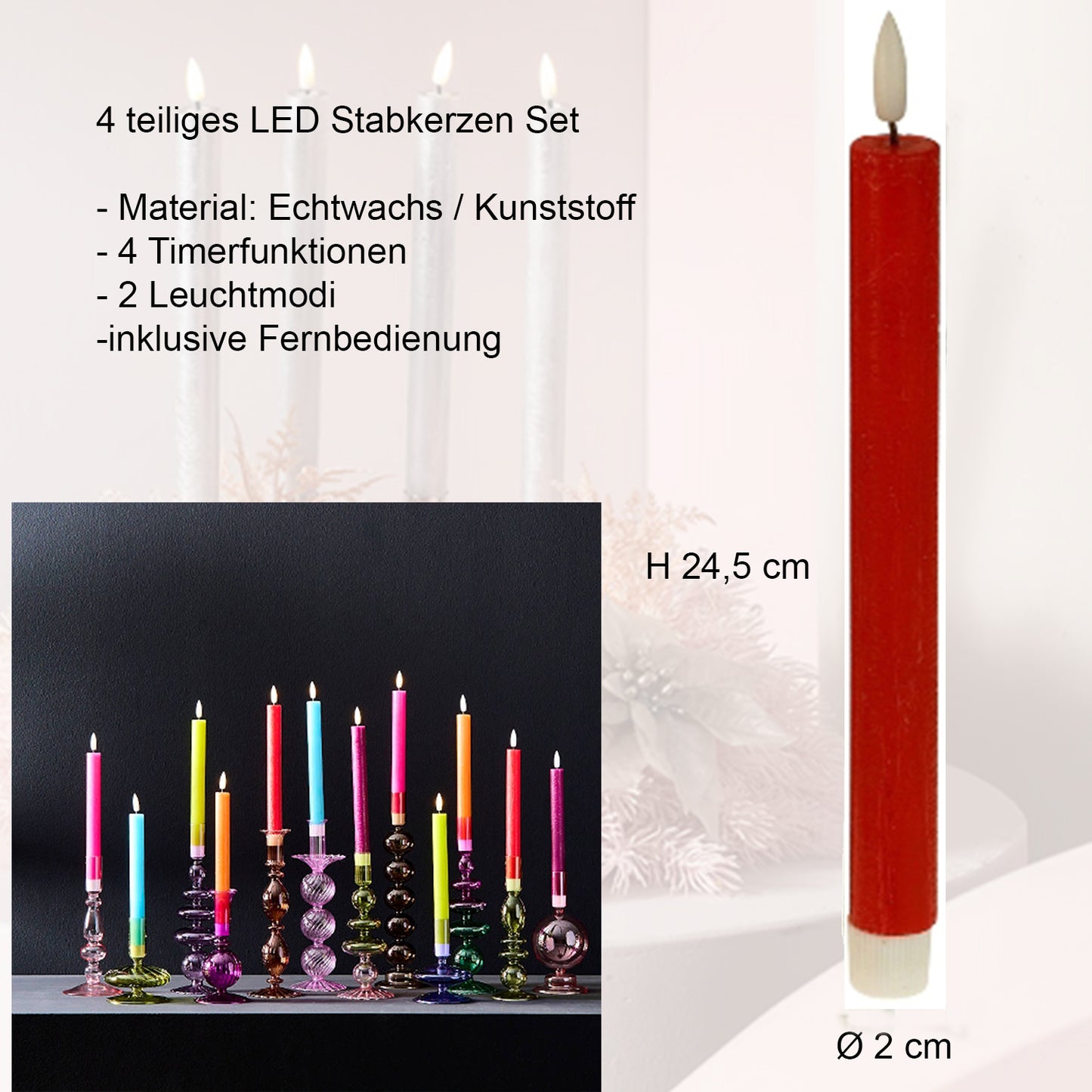 4er Set LED Stabkerze mit Fernbedienung & Timer, Ø 2 x H 24,5 cm, rot