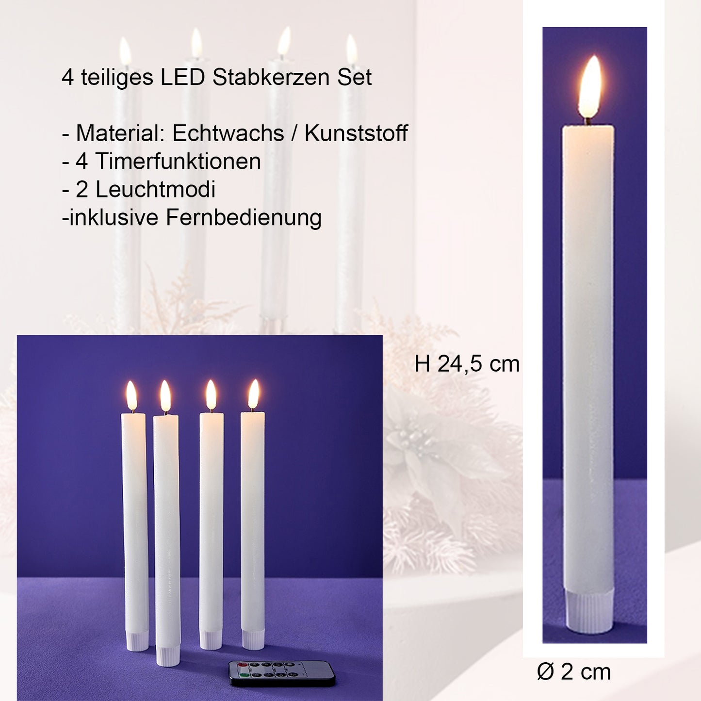4er Set LED Stabkerze mit Fernbedienung & Timer, Ø 2 x H 24,5 cm, weiss
