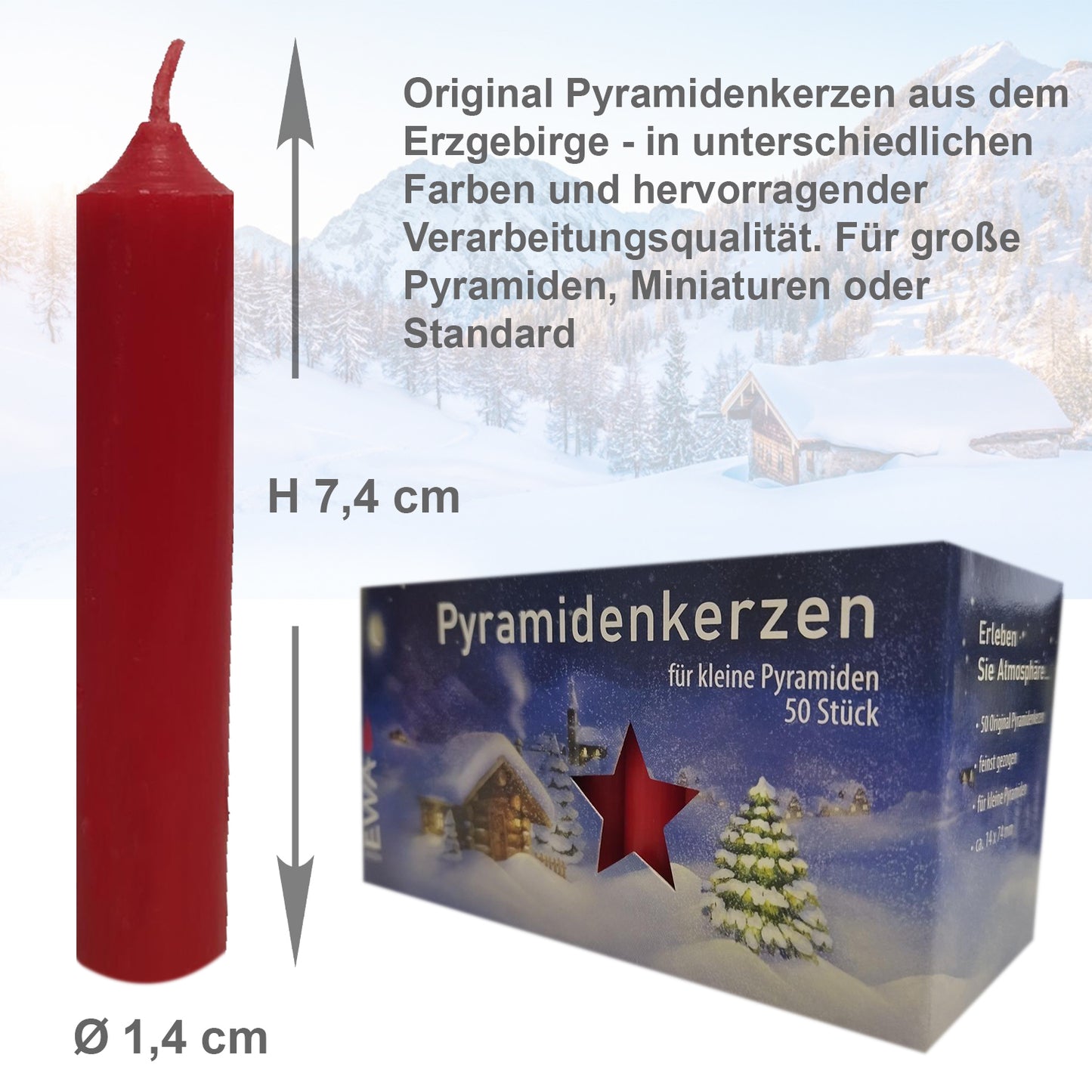 50er Pack Pyramidenkerzen, Ø 1,4 x H 7,4 cm, rot