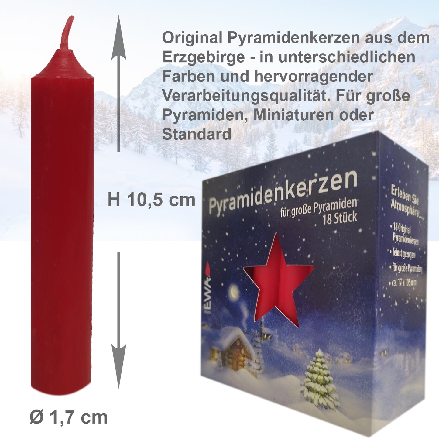144er Set Erzgebirge (8x18 Stk) Pyramidenkerzen, Ø 1,72 x H 10,5 cm, rot