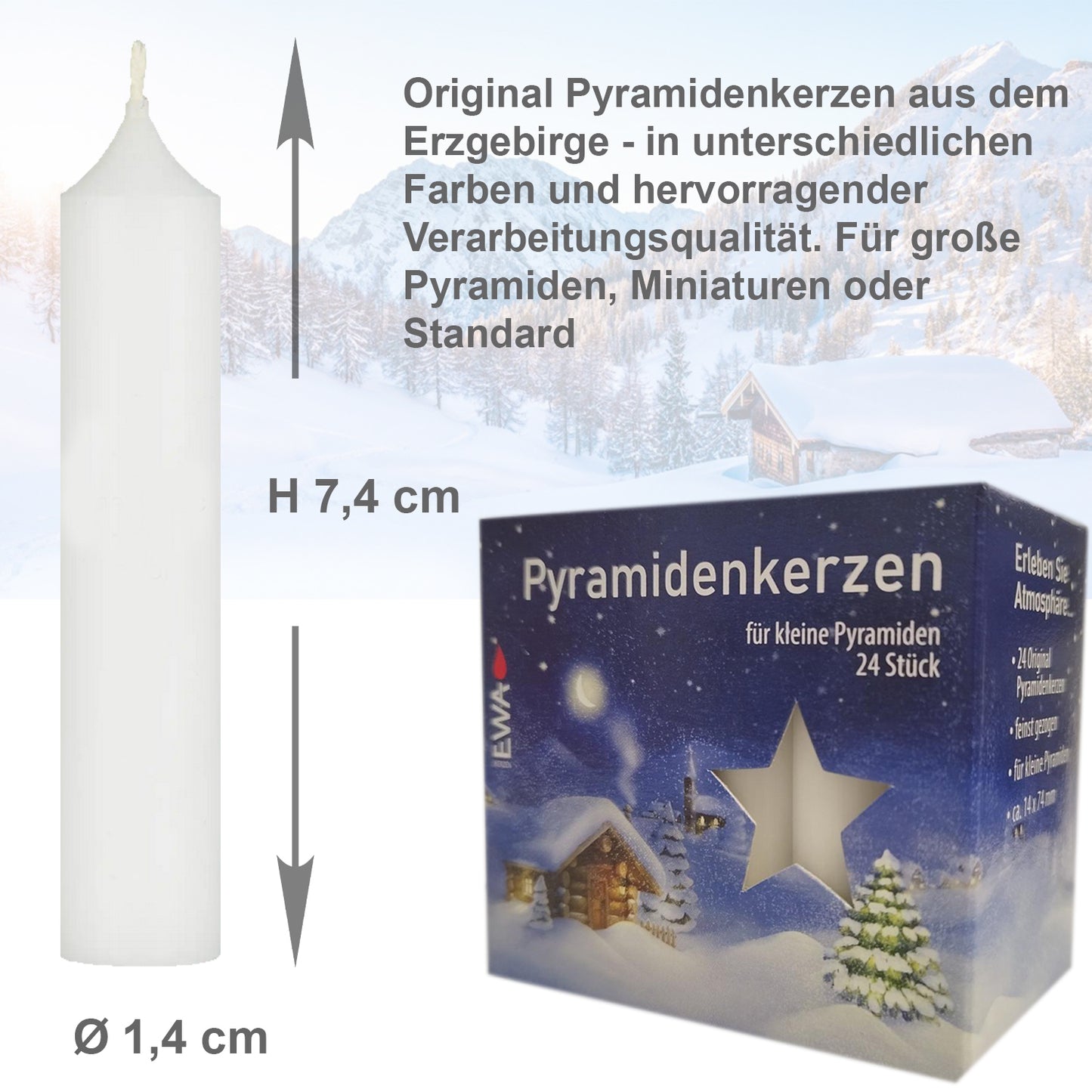 192er Set Erzgebirge (8x24 Stk), Pyramidenkerzen, Ø 1,4 x H 7,4 cm, weiß