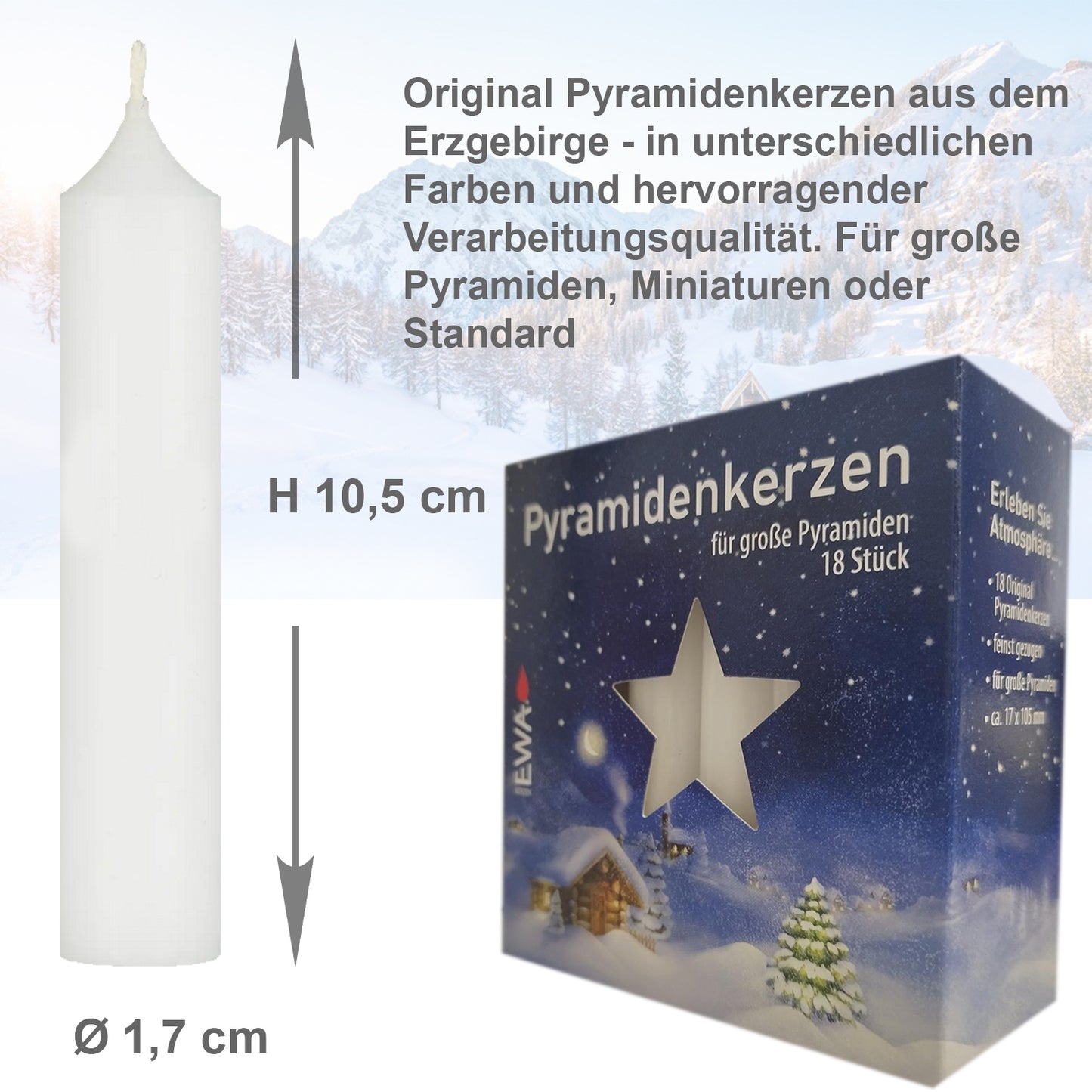 288er Set Erzgebirge (16x18 Stk) Pyramidenkerzen, Ø 1,72 x H 10,5 cm, weiß