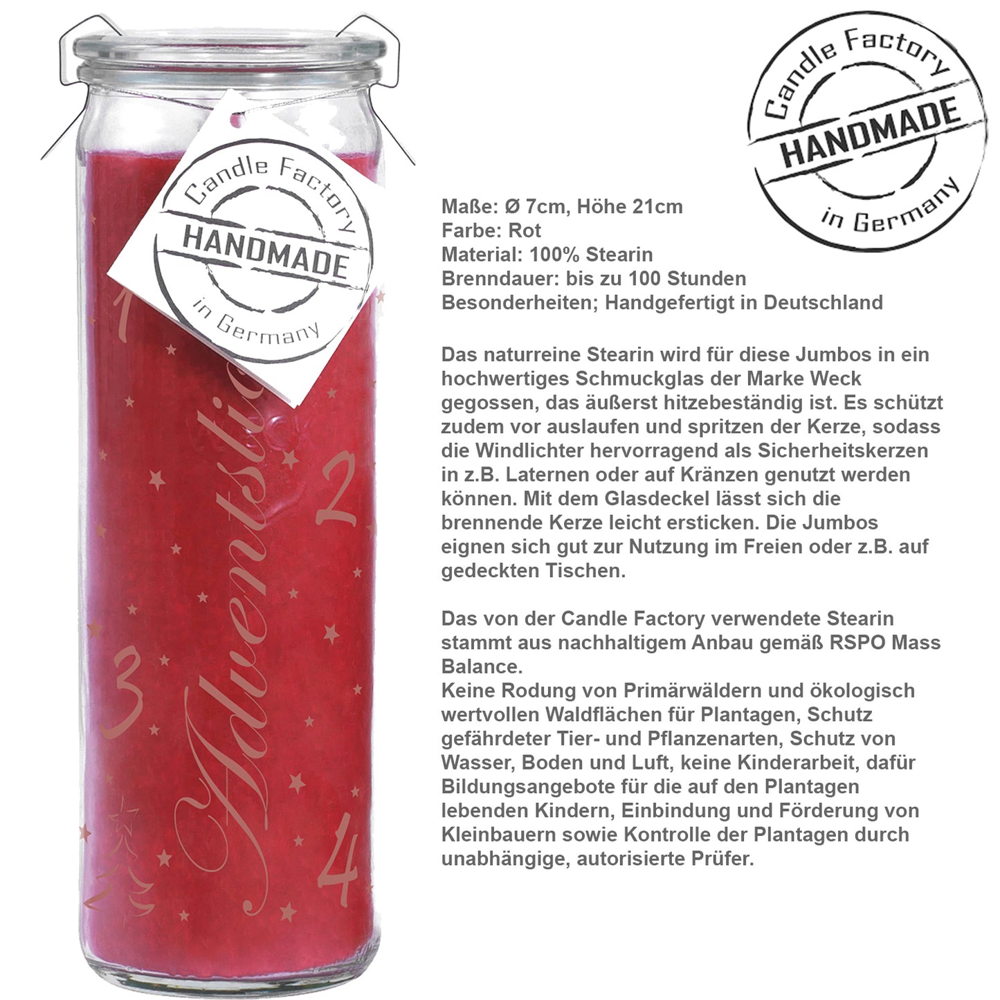 Candle Factory Adventslicht, Big-Jumbo, im Weckglas, Stearin, 21 x 7 cm, rot, ohne Duft