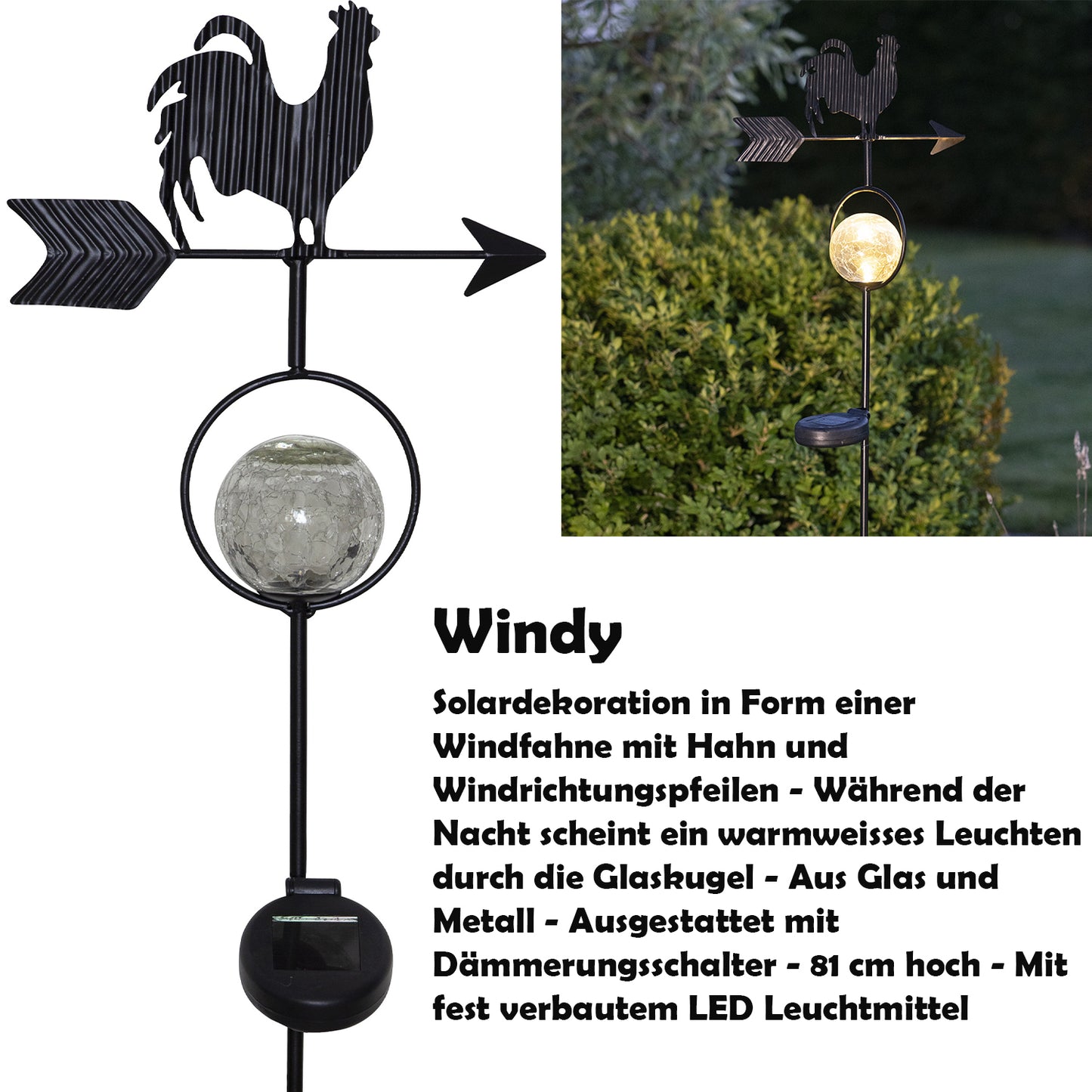 SOLAR Dekoration Wetterfahne "Windy" Ø 9 cm x B 25 cm x H 81 cm, schwarz